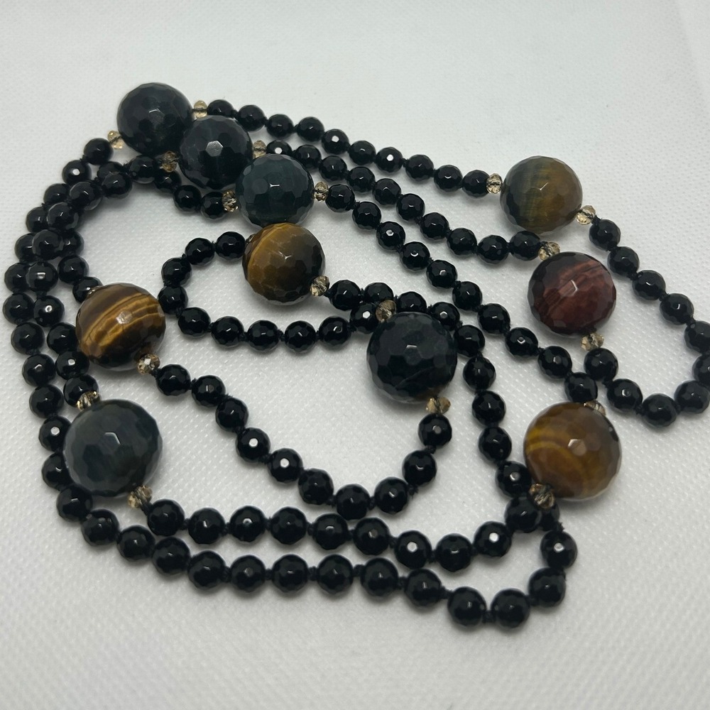 Black Brown Tigers Eye Faceted Beaded Necklace 40 Inch Earthy Neutral Flapper